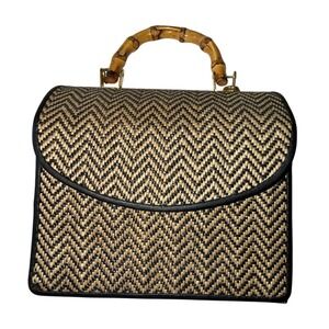 Woven Straw Chevron Zigzag Top Handle Bag with Bamboo Handle Black Tan